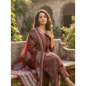 Amthi Women's  Maroon Ajrakh Printed Cotton Kurta with Trousers & Dupatta