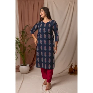 Navy Blue V- Neck Floral Printed Straight Kurta