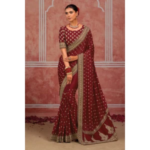 Designer Sequins Work Maroon Silk Saree With Heavy Blouse