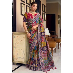 Embroidered Mirror Work Fancy Fabric Multi Color Designer Saree
