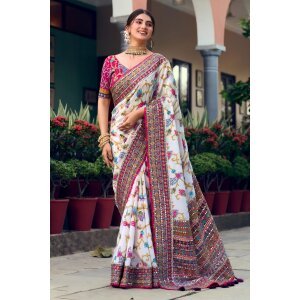 Fancy Fabric Heavy Embroidered Mirror Work Designer White Saree