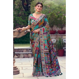 Designer Embroidered Mirror Work Multi Color Fancy Fabric Saree With Heavy Blouse
