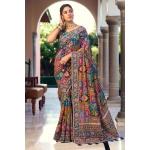 Fancy Fabric Embroidered Mirror Work Multi Color Designer Saree