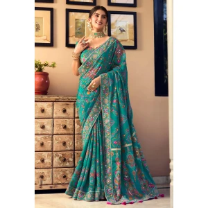 Embroidered Mirror Work Teal Fancy Fabric Saree
