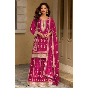 Magenta Chinon Silk Embroidered Readymade Palazzo Kameez