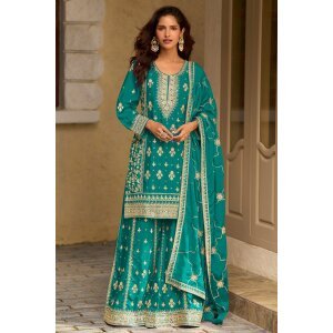 Real Chinon Silk Cyan Designer Party Wear Salwar Kameez
