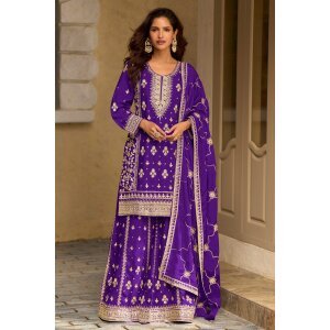Real Chinon Silk Purple Embroidered Palazzo Salwar Kameez