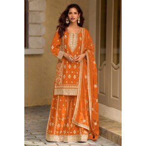 Rust Chinon Silk Designer Embroidered Palazzo Suit