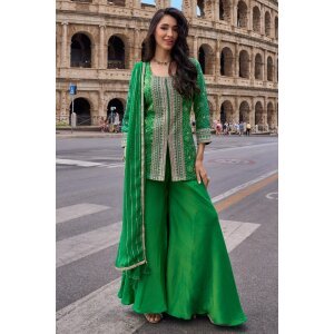 Green Art Silk Designer Embroidered Palazzo Suit