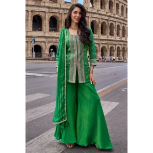 Green Art Silk Designer Embroidered Palazzo Suit