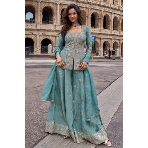 Sky Blue Art Silk Embroidered Readymade Palazzo Dress