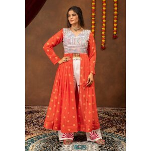 Women Orange Indo Western Embroidered Shrug And Denim Set