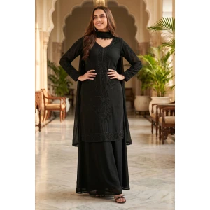 Neha Dhupia Chinon Readymade Palazzo Salwar Suit In Black Colour