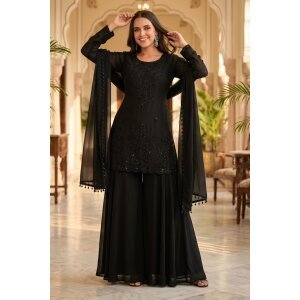 Neha Dhupia Black Function Wear Beads Work Readymade Plazzo Suit