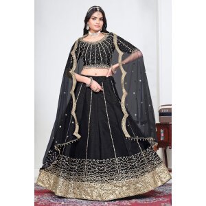 Art Silk Designer Black Embroidered Function Wear Lehenga
