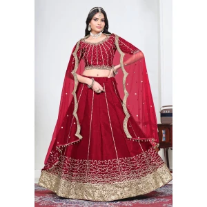 Art Silk Red Function Wear Lehenga With Net Dupatta