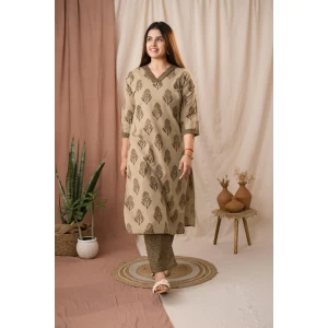 Beige Linen Block Print Kurta Set