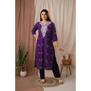 Purple Bandhani Embroidered Linen Straight Kurta Set