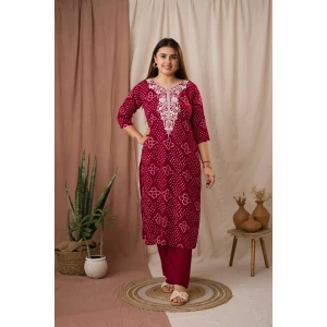 Maroon Bandhani Embroidered Linen Straight Kurta Set