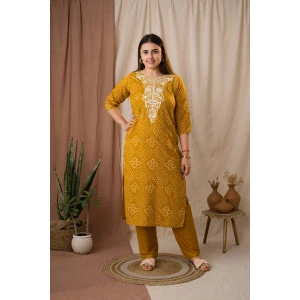 Mustard Bandhani Embroidered Linen Straight Kurta Set
