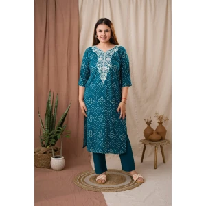 Teal Bandhani Embroidered Linen Straight Kurta Set