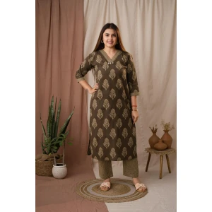 Brown Linen Block Print Kurta Set