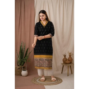 Mirror Cotton Linen Ikat Printed Black Straight Kurta