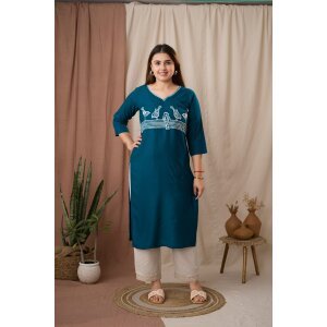 Amthi Women's Teal Rayon Embroidered Sparrow Straight Kurta
