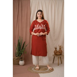 Rust Rayon Embroidered Sparrow Straight Kurta | Daily Wear Kurti