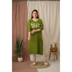 Olive Rayon Embroidered Sparrow Straight Kurta for Women| Daily Wear Kurti