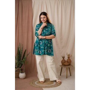 Teal Blue Silk Bandhani Printed A-Line Tunic