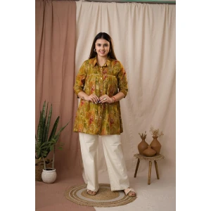 Mustard Silk Paisley Foil Printed A-Line Tunic