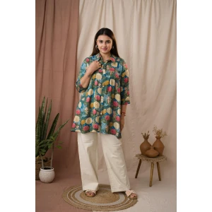 Sea Green Silk Floral Foil Printed Gathered Tunic