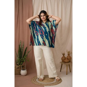 Silk Shirt Kaftan Top for Women – Teal Blue Abstract Print