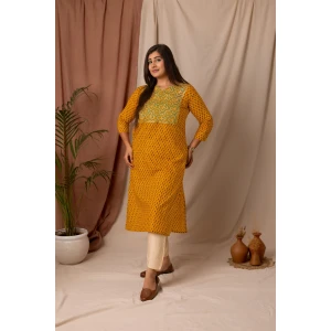 Mustard Floral Printed Cotton Straight Kurta| Daily Wear Kurti